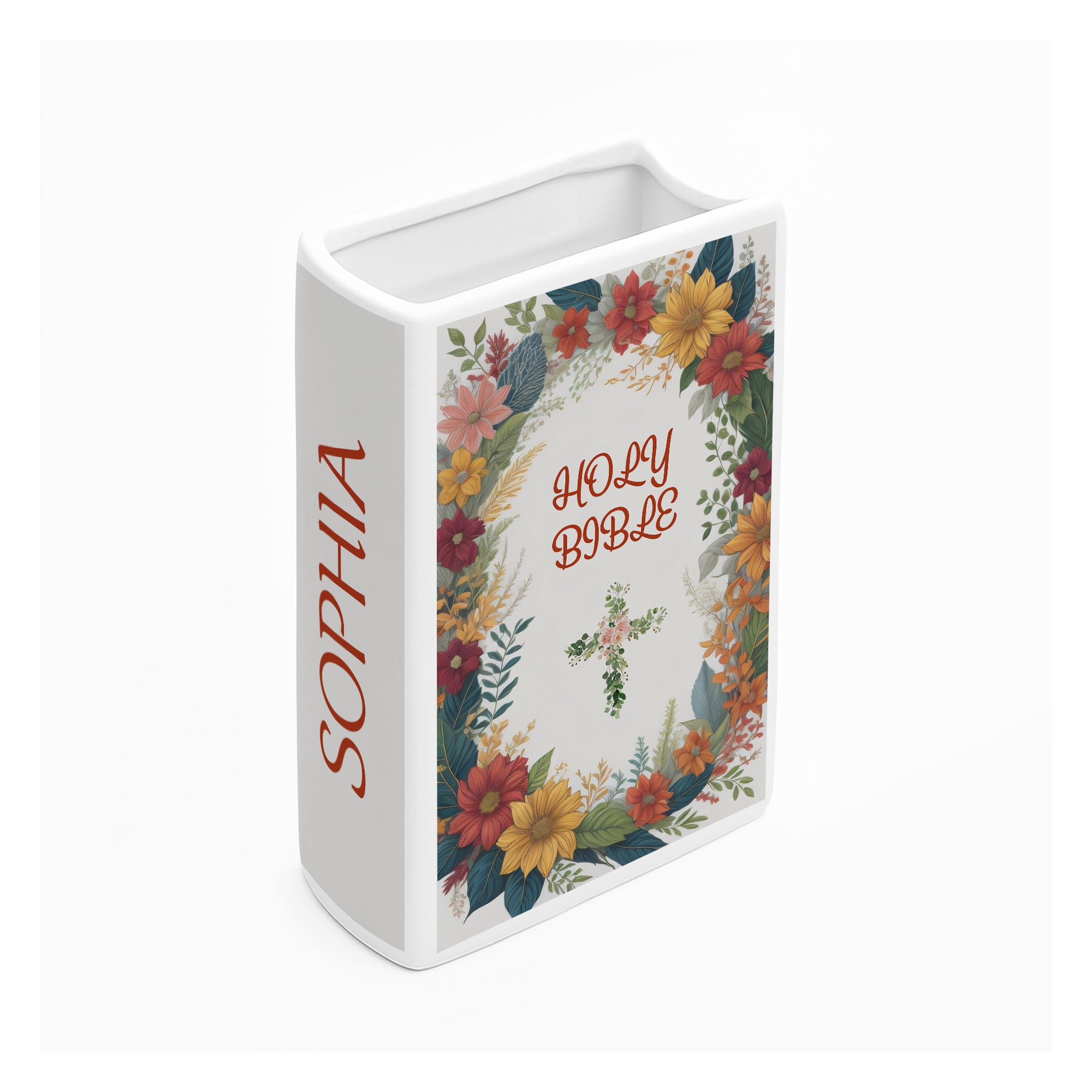 Personalized Ceramic Book Vase with Bible Verse for Faith Decor, Christian Bookshelf Vase, Faith Inspired Shelf Decor CBLAF09